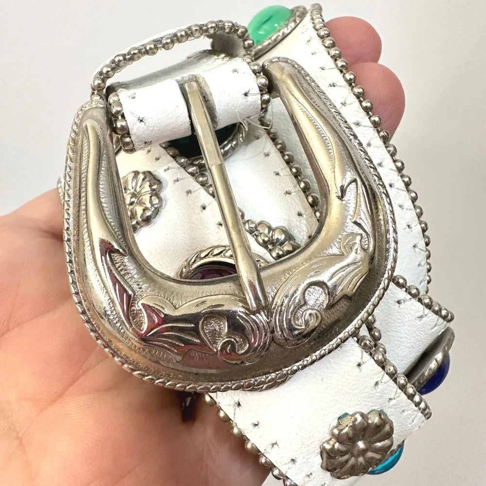 Vintage 80s Jeweled Cabochon Genuine Leather Belt M/L White Multicolor Festival